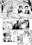 5girls american_flag_dress american_flag_legwear antlers blush bow closed_eyes clownpiece comic dra fairy_wings fake_nose greyscale hair_bow hair_tubes hakurei_reimu hand_up hecatia_lapislazuli junko_(touhou) kirisame_marisa long_hair long_sleeves looking_at_another mittens monochrome multiple_girls open_mouth polos_crown reindeer_antlers sample shaded_face sitting sled touhou translated wings 