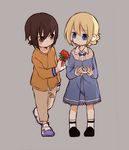  bangs black_footwear blonde_hair blue_dress blue_eyes blue_footwear braid brown_eyes brown_hair brown_pants casual closed_mouth collared_dress cup darjeeling dress eyebrows_visible_through_hair flower fud full_body girls_und_panzer grey_background holding holding_flower long_sleeves looking_at_another medium_dress multiple_girls nishizumi_maho orange_shirt pants print_pants rose shirt shoes short_hair simple_background socks standing standing_on_one_leg teacup tied_hair twin_braids white_legwear younger 