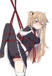  asymmetrical_legwear bad_id bad_pixiv_id bdsm black_legwear black_serafuku bondage bound bow brown_eyes brown_hair cnm commentary groin hair_bow hair_flaps hair_ornament hair_ribbon hairclip heterochromia highres kantai_collection karada leg_lift leg_up long_hair looking_at_viewer murasame_(kantai_collection) panties panties_under_pantyhose pantyhose parted_lips pleated_skirt remodel_(kantai_collection) ribbon rope school_uniform serafuku shibari shibari_over_clothes simple_background skirt solo standing standing_on_one_leg two_side_up underwear white_background 