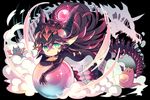  black_hair bodysuit crystal_ball dragon dragon_girl dragon_horns dragon_tail dragon_wings green_eyes highres horns long_hair original pointy_ears skeleton smoke tail very_long_hair wings yuzuki_gao 