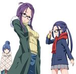  :o bangs bangs_pinned_back black-framed_eyewear blue_coat blue_eyes blue_hair blue_pants coat denim eyebrows_visible_through_hair fur-trimmed_coat fur_trim glasses green_coat grey_skirt grin hair_bun hands_in_pockets jeans kagamihara_sakura long_hair long_sleeves looking_at_viewer miniskirt multiple_girls oogaki_chiaki open_clothes open_coat pants pleated_skirt purple_eyes purple_hair red_scarf ribbed_sweater ribonzu scarf shima_rin sidelocks skirt smile sweater turtleneck turtleneck_sweater twintails v white_background winter_clothes winter_coat yellow_sweater yurucamp 