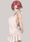  apron arms_behind_back blue_eyes boudica_(fate/grand_order) breasts closed_mouth earrings fate/grand_order fate_(series) from_side grey_background highres jewelry large_breasts looking_at_viewer naked_apron parted_lips pink_lips ranma_(kamenrideroz) red_hair short_hair short_ponytail sideboob smile solo strap_gap toned white_apron 