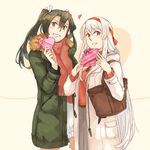  2girls alternate_costume blush brown_eyes brown_scarf commentary cowboy_shot eyebrows_visible_through_hair fur_trim gift gift_wrapping green_coat green_eyes green_hair grey_hair grin hair_between_eyes hair_ribbon hairband heart holding holding_gift kantai_collection long_hair long_sleeves looking_at_viewer multiple_girls red_hairband red_ribbon red_sweater ribbon scarf shoukaku_(kantai_collection) smile sweater teeth tote_bag twintails valentine very_long_hair weidashming white_coat white_hair white_ribbon white_sweater zipper zuikaku_(kantai_collection) 