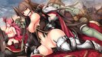  2girls boots breasts brown_hair commentary_request daiaru gag gagged gloves goblin gold_trim greaves hetero highres horn_ribbon horns large_breasts multiple_boys multiple_girls navel nipples pink_hair pointy_ears puffy_nipples red_eyes ribbon shadowverse thigh_boots thighhighs torn_clothes 