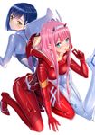  :p arm_support bangs blue_eyes blue_hair blush bodysuit breasts candy closed_mouth commentary_request darling_in_the_franxx eyebrows_visible_through_hair food green_eyes grey_bodysuit hair_ornament highres holding holding_lollipop horns ichigo_(darling_in_the_franxx) kneeling large_breasts lollipop long_hair looking_at_viewer lying multiple_girls on_stomach pilot_suit pink_hair red_bodysuit short_hair simple_background smile swordsouls tongue tongue_out very_long_hair white_background zero_two_(darling_in_the_franxx) 