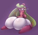  2017 big_breasts big_butt breasts butt elfdrago female flora_fauna green_hair hair hi_res huge_butt humanoid long_hair looking_at_viewer looking_back musical_note nintendo not_furry plant pok&eacute;mon pok&eacute;mon_(species) presenting pseudo_clothing purple_eyes rear_view simple_background sitting solo thick_thighs tsareena video_games 