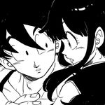  1girl bangs black_eyes black_hair chi-chi_(dragon_ball) commentary_request couple dragon_ball expressionless eye_contact eyelashes fingernails greyscale hetero highres looking_at_another monochrome open_mouth son_gokuu tkgsize 