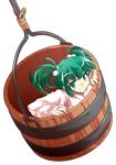  alphes_(style) bangs bucket closed_mouth dairi eyebrows eyebrows_visible_through_hair full_body green_eyes green_hair hair_bobbles hair_ornament in_bucket in_container japanese_clothes kimono kisume long_sleeves parody short_hair smile solo style_parody tachi-e touhou transparent_background twintails white_kimono wooden_bucket 