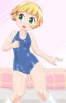  bangs bed blonde_hair blue_swimsuit blunt_bangs cecil_channel commentary covered_navel cowboy_shot green_eyes kneehighs looking_to_the_side new_school_swimsuit one-piece_swimsuit school_swimsuit short_hair solo suzuki_cecil swimsuit virtual_youtuber white_legwear winn 