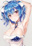  absurdres armpits arms_up azur_lane bangs bare_arms bare_shoulders blue_hair blush bow braid breasts china_dress chinese_clothes cleavage cleavage_cutout closed_mouth commentary_request dress eyebrows_visible_through_hair floral_print grey_background hair_between_eyes hair_bow hair_ribbon head_tilt highres large_breasts print_dress purple_eyes ribbon rose_print simple_background sleeveless sleeveless_dress solo st._louis_(azur_lane) white_bow white_dress white_ribbon yayoichi_(yoruyoru108) 