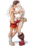  2boys crossover erection full_body grin handjob joe_higashi king_of_fighters male_focus multiple_boys muscle naughty_face penis penis_grab persona sanada_akihiko scar smile teeth toes undressing yaoi 