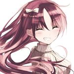  absurdres bad_id bad_pixiv_id blush blush_stickers bow brown_sweater closed_eyes commentary drill_hair eyebrows_visible_through_hair from_side grin hair_between_eyes hair_bow highres long_hair mahou_shoujo_madoka_magica misteor open_mouth red_hair sakura_kyouko smile solo sweater teeth upper_body white_background white_bow 