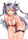  1girl azur_lane bent_over bikini black_bikini black_swimsuit blush breasts collarbone female grey_hair highres large_breasts licking_lips long_hair looking_at_viewer micro_bikini orange_eyes prinz_eugen_(azur_lane) saito_(esu) simple_background smile solo standing swimsuit thighs very_long_hair white_background 