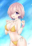  bikini blue_background bracelet breasts cowboy_shot fate/grand_order fate_(series) gradient gradient_background hair_over_one_eye jewelry lavender_hair looking_at_viewer mash_kyrielight medium_breasts necklace open_mouth ozaki_mirai plaid plaid_bikini purple_eyes short_hair side-tie_bikini smile solo swimsuit yellow_bikini 