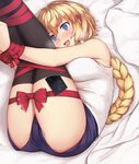  @_@ ass bare_shoulders bdsm bed_sheet black_legwear blue_eyes blue_shorts blush bondage bound bound_legs bound_wrists braid breasts cold_(hoshinoskull) commentary_request eyebrows_visible_through_hair fate/grand_order fate_(series) feet_out_of_frame heavy_breathing highres jeanne_d'arc_(fate) jeanne_d'arc_(fate)_(all) large_breasts legs_up long_hair lying on_side open_mouth panties panties_under_shorts pink_panties red_ribbon restrained ribbon shirt short_shorts shorts single_braid solo sweat tearing_up thighhighs underwear very_long_hair white_shirt 