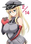  anchor bismarck_(kantai_collection) blonde_hair blue_eyes box breastplate commentary_request detached_sleeves fuuma_nagi hat heart iron_cross kantai_collection long_hair looking_at_viewer military military_hat military_uniform peaked_cap simple_background solo uniform upper_body valentine white_background 