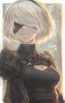  2018 absurdres artist_name back_cutout black_blindfold black_dress black_hairband blindfold cleavage_cutout commentary covered_eyes dress facing_viewer feather-trimmed_sleeves hairband highres juliet_sleeves leotard long_sleeves mole mole_under_mouth nier_(series) nier_automata pink_lips puffy_sleeves seuyan short_hair silver_hair solo turtleneck upper_body vambraces yorha_no._2_type_b 