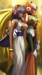  1boy 1girl alternate_costume android arm_around_waist bare_arms blonde_hair blue_eyes bracelet breasts cleavage dark_skin dress hair_over_eyes headset helmet hime_cut jewelry large_breasts layer long_hair ponytail purple_hair robot_ears robot_joints rockman rockman_x standing user_fuyz3388 very_long_hair zero_(rockman) 