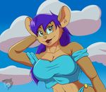  2018 anthro big_breasts blue_hair bonnie_(elysian_tail) breasts brown_eyes brown_fur cleavage clothed clothing female fur hair mammal midriff mouse navel off_shoulder open_mouth rodent thebmeister 