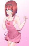  apron ark_royal_(kantai_collection) bangs blue_eyes blunt_bangs bob_cut breasts chocolate cowboy_shot gradient gradient_background hairband heart highres kantai_collection looking_at_viewer naked_apron pink_apron pink_background red_hair satsukikyo short_hair sideboob smile solo tiara 