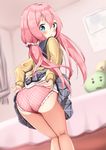  arched_back arms_at_sides arms_behind_back ass bed blue_eyes blurry blurry_background blush cowboy_shot curtains dutch_angle from_behind hair_ornament hair_scrunchie highres indoors kagamihara_nadeshiko leaning_forward lifted_by_self long_hair looking_at_viewer looking_back mochiyuki panties pillow pink_hair pink_panties plaid plaid_panties sailor_collar school_uniform scrunchie serafuku skirt skirt_lift solo twintails underwear white_scrunchie yurucamp 