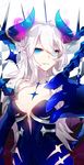  allos blue_dress blue_eyes breasts cleavage diabla_(elsword) dress elsword highres horns long_hair luciela_r._sourcream medium_breasts parted_lips pointy_ears silver_hair smile solo standing strapless strapless_dress very_long_hair 