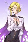  blonde_hair breasts cape check_commentary cleavage cleavage_cutout commentary_request glynda_goodwitch green_eyes highres kio_rojine large_breasts riding_crop rwby solo 
