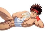  1boy abs bandage bara brown_hair headband japanese_clothes male_focus muscle nipples nude pecs penis rurouni_kenshin sagara_sanosuke solo sweat tagme testicles uncensored 