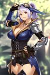  arm_guards arm_up armor belt belt_buckle blurry blurry_background breasts buckle cleavage commentary_request cowboy_shot day elbow_gloves elbow_pads fingerless_gloves fingernails gloves goggles goggles_on_head grin hand_on_hip highres horns houtengeki jewelry large_breasts long_hair looking_at_viewer monster_hunter monster_hunter:_world necklace original outdoors parted_lips ponytail purple_hair red_eyes shoulder_armor smile solo standing thighhighs tzitzi-ya-ku_(armor) zettai_ryouiki 
