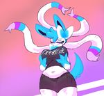  2017 3_fingers abstract_background anthro anthrofied belly big_breasts biped black_bottomwear black_clothing black_topwear blue_claws blue_fur blue_stripes blue_tail bow breasts bun_snn canine claws clothing crop_top digital_drawing_(artwork) digital_media_(artwork) eeveelution eyelashes female front_view fur gloves_(marking) gradient_background half-closed_eyes head_tuft holding_breast looking_away mammal markings midriff multicolored_fur navel nintendo pink_background pink_fur pink_sclera pink_stripes pok&eacute;mon pok&eacute;mon_(species) pok&eacute;morph portrait purple_background purple_fur purple_stripes ribbons shiny_pok&eacute;mon shirt shorts shy simple_background small_waist solo standing striped_fur stripes sylveon tendrils three-quarter_portrait video_games white_eyes white_fur wide_hips 