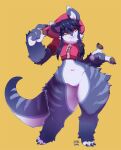  2016 anthro big_hands bottomless clothed clothing crop_top female hair hi_res hoodie long_hair navel pawpads paws pear-shaped_figure purple_body seel_kaiser shirt small_waist solo striped_body stripes thick_arms thick_calves thick_thighs topwear tsukiyo unknown_species wide_hips 