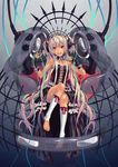  :d bangs barefoot breasts cable colorized corset dark_skin frills glowing headphones highres kneehighs long_hair looking_at_viewer microphone open_mouth original rakuhei red_eyes sitting small_breasts smile solo toeless_legwear twintails white_hair white_legwear 