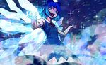  blue_dress blue_eyes blue_hair cirno crazy_smile dress hair_ribbon ice ice_wings looking_at_viewer meimaru_inuchiyo open_mouth ribbon short_hair solo sparkle touhou wings 