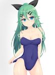  ass_visible_through_thighs blue_eyes blue_swimsuit closed_mouth collarbone competition_school_swimsuit contrapposto covered_navel cowboy_shot green_hair hair_between_eyes hair_ornament hairclip jpeg_artifacts kantai_collection long_hair one-piece_swimsuit ponytail spaghetti_strap standing swimsuit swimsuit_pull thighs very_long_hair yamakaze_(kantai_collection) yukikiri 