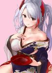  :q azur_lane bangs blush breasts cleavage closed_mouth collarbone commentary_request cup figurehead_(figurehead67) hair_ornament hand_on_own_chest highlights highres holding japanese_clothes kimono large_breasts long_hair looking_at_viewer multicolored_hair nail_polish obi off_shoulder pink_background prinz_eugen_(azur_lane) red_eyes red_hair red_nails sakazuki sash sideboob sidelocks silver_hair simple_background smile solo swept_bangs tongue tongue_out two_side_up wide_sleeves 