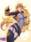  ahoge belt blonde_hair boots breasts cleavage clenched_hand commentary ember_celica_(rwby) fingerless_gloves garter_straps gloves grin izumi_sai jewelry large_breasts long_hair open_hand pendant purple_eyes rwby simple_background smile solo thighhighs very_long_hair weapon yang_xiao_long 