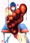  adjusting_hair bangs bare_legs barefoot black_hair blunt_bangs blurry chocolate chocolate_on_foot closed_mouth dated depth_of_field desk eyebrows_visible_through_hair feet food_on_body heart highres k.ty_(amejin) leg_up long_hair looking_at_viewer on_desk original pouring pov_feet purple_eyes school_desk shadow signature soles solo star toes valentine white_background 