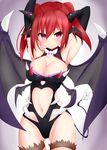  absurdres armpits arms_behind_head arms_up ass_visible_through_thighs breasts cleavage cleavage_cutout closed_mouth collarbone commentary_request cowboy_shot demon_girl demon_tail demon_wings elsword fang fishnet_legwear fishnets hair_between_eyes head_wings heart_cutout highres karis_(elsword) large_breasts leotard long_hair looking_at_viewer multiple_wings navel pointy_ears red_hair revealing_clothes solo spiked_wings tail thighhighs twintails wings yukikiri 