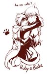  animal_ears blake_belladonna blush cat_ears cat_tail commentary_request english hug kuma_(bloodycolor) mechanical_pencil multiple_girls paw_print pencil ruby_rose rwby sketch tail 