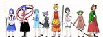  animal_ears daitoutei dress futatsuiwa_mamizou height_chart heterochromia highres hinanawi_tenshi karakasa_obake kasodani_kyouko long_hair multiple_girls murasa_minamitsu nagae_iku nazrin no_headwear polearm short_hair simple_background spear standing sword tatara_kogasa toramaru_shou touhou umbrella weapon 