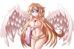  1girl angel_wings blonde_hair blue_eyes breasts cleavage ecstasy feathers goddess hand_on_own_chest ilias jewelry large_breasts long_hair looking_at_viewer lots_of_jewelry mon-musu_quest! nipples nude pussy simple_background smile solo tiara wings 