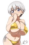  1girl bikini blue_eyes breasts commentary_request covering_mouth cowboy_shot eyebrows_visible_through_hair fang grey_hair hair_between_eyes hand_over_own_mouth highres huge_breasts looking_at_viewer short_hair side-tie_bikini signature simple_background solo strap_slip sweatdrop swimsuit takeya_yuuki uzaki-chan_wa_asobitai! uzaki_hana white_background yellow_bikini 