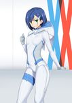  bangs blue_hair bnc_(bunshi) bodysuit breasts cowboy_shot darling_in_the_franxx green_eyes hair_ornament hairclip highres ichigo_(darling_in_the_franxx) looking_at_viewer medium_breasts parted_lips pilot_suit shiny shiny_clothes shiny_hair short_hair skin_tight solo standing water_drop wet wet_clothes white_bodysuit 