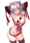  arms_behind_head bangs black_legwear blue_eyes breasts chocolate_on_breasts closed_mouth collarbone cowboy_shot elbow_gloves gloves hair_between_eyes highres kantai_collection kashima_(kantai_collection) large_breasts long_hair looking_at_viewer naked_ribbon navel nironiro ribbon silver_hair simple_background skindentation smile solo standing thighhighs tongue tongue_out twintails valentine wavy_hair white_background 