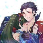  1girl blue_dress blue_hair blush box collar collarbone couple dress fire_emblem fire_emblem:_rekka_no_ken fire_emblem_heroes frills gift gift_box gloves green_hair grin happy hector_(fire_emblem) hetero highres holding holding_gift hug long_hair lyndis_(fire_emblem) open_mouth pectorals ponytail rokusashu short_hair smile 