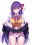 ass_visible_through_thighs bangs bb_(fate)_(all) bb_(fate/extra_ccc) black_skirt blush body_writing bow bow_panties breasts brown_vest buttons cameltoe closed_mouth collared_shirt commentary_request cosplay cowboy_shot eyebrows_visible_through_hair fate/stay_night fate_(series) hair_ribbon heart highres konka legs_apart licking_lips lifted_by_self long_hair long_sleeves looking_at_viewer matou_sakura matou_sakura_(cosplay) medium_breasts nail_polish panties pink_nails purple_eyes purple_hair red_ribbon ribbon shirt simple_background skirt skirt_lift solo standing tongue tongue_out translated underwear valentine very_long_hair vest white_background white_panties white_shirt 