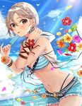  :p bare_shoulders belt bikini bikini_top bird blue_ribbon blue_shorts blue_sky blush bracelet braid breasts brown_eyes cleavage closed_mouth cloud cowboy_shot cutoffs day earrings flower food front-tie_bikini front-tie_top hair_between_eyes hair_flower hair_ornament highres holding holding_food hooded_vest horizon idolmaster idolmaster_cinderella_girls jewelry leaf leaning_forward light_rays looking_at_viewer medium_breasts navel necklace ocean open_clothes open_vest petals popsicle ribbon shiomi_shuuko short_hair short_shorts shorts silver_hair sky smile solo sparkle standing stomach striped striped_bikini sunbeam sunlight swimsuit tomato_omurice_melon tongue tongue_out vest water water_drop wrist_ribbon 