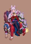 1boy 1girl all_fours assertive bare_shoulders blue_hair blush breasts christmas christmas_ornaments cleavage cup drinking_glass eyebrows_visible_through_hair femdom fox gift hei_niao high_heels highres human_chair human_furniture kitsune large_breasts lavender_hair long_hair looking_at_viewer monster_strike one_eye_closed open_mouth red_footwear sitting sitting_on_person smile tail thighhighs wine_glass yellow_eyes 