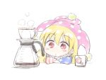  1girl american_flag american_flag_print arm_rest blonde_hair clownpiece coffee_filter coffee_maker_(object) cup flag_print hat jester_cap long_hair neck_ruff nibi polka_dot purple_hat red_eyes simple_background solo torch touhou white_background 
