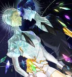  androgynous bangs blue_eyes blue_hair blunt_bangs cairngorm_(houseki_no_kuni) face-to-face gem gem_uniform_(houseki_no_kuni) gloves golden_arms hand_on_another's_hip houseki_no_kuni looking_at_another meme_(sheep1478963) multiple_others necktie phosphophyllite phosphophyllite_(ll) smile spoilers white_eyes white_hair 